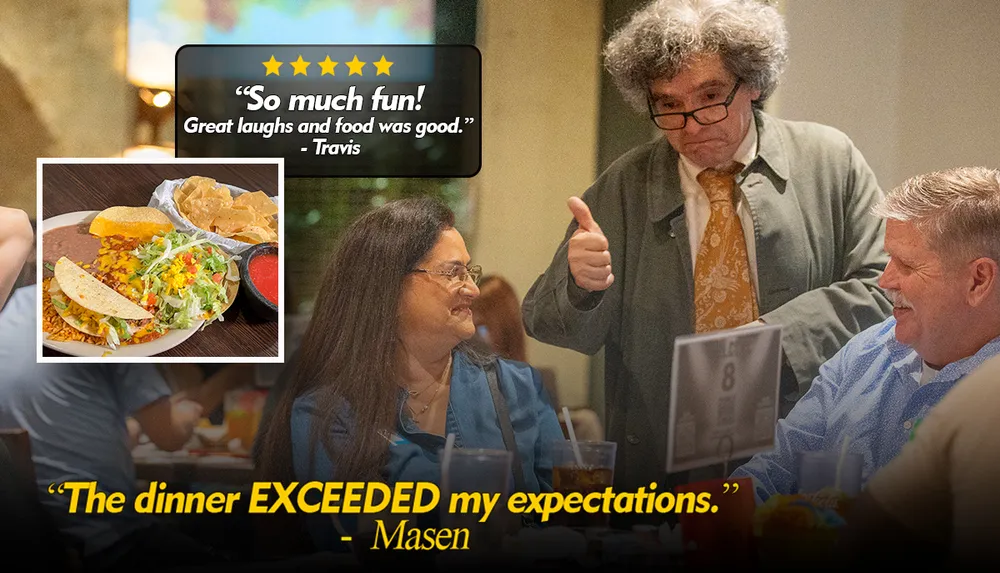 A group of people is enjoying a meal at a restaurant receiving positive reviews for the food and experience with a waiter giving a thumbs-up sign