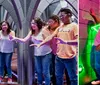 A group of four friends are posing and having fun in a room with illusionary mirror effects while a single person is captured in a similar pose with green lighting on the right side of the image