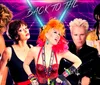 The image features five musicians in 1980s-style clothing against a vibrant neon background with the text Back to the 80s